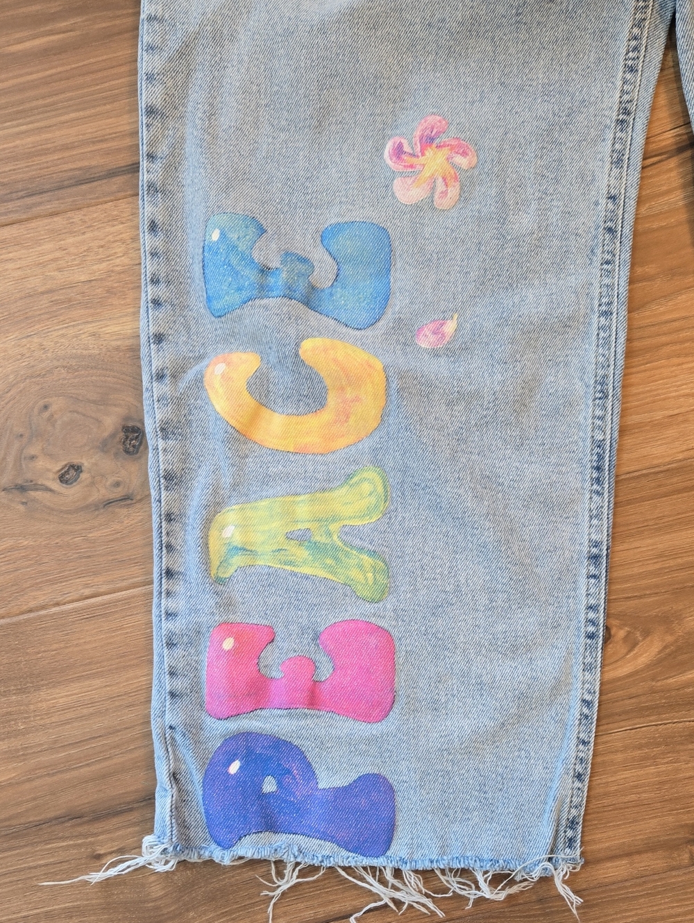 Wild Fable 12 Blue Denim Boyfriend Jeans with Hand-Painted Peace - Picture 6 of 8